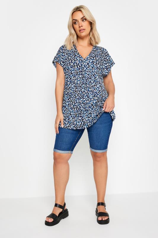 YOURS Plus Size Blue Leopard Print Pleat Front Blouse | Yours Clothing 2