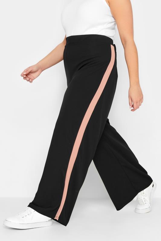 YOURS PETITE Plus Size Black Side Stripe Wide Leg Trousers | Yours Clothing 1