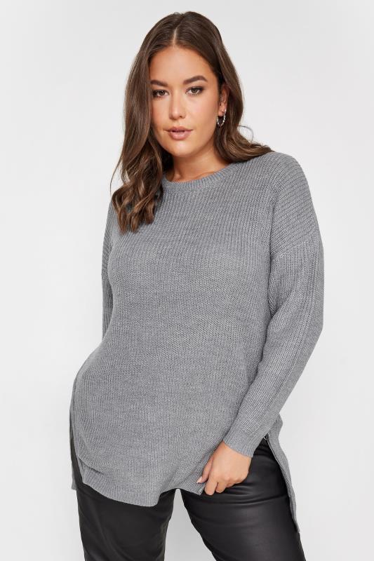 YOURS Plus Size Grey Side Zip Knitted Jumper | Yours Clothing 1