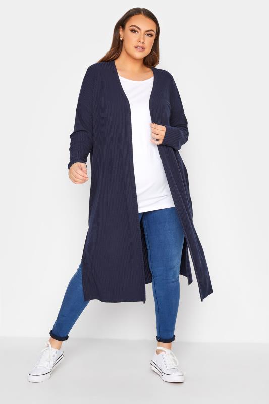 LIMITED COLLECTION Curve Navy Blue Ribbed Side Split Cardigan 2
