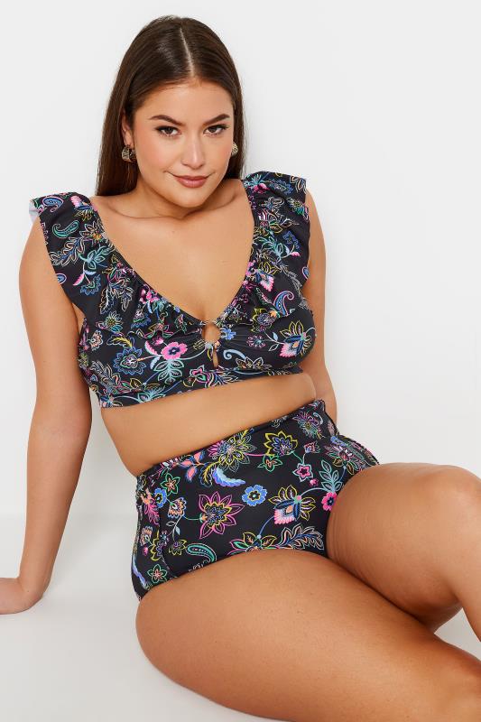 YOURS Plus Size Black Paisley Print Frill Bikini Top | Yours Clothing 1