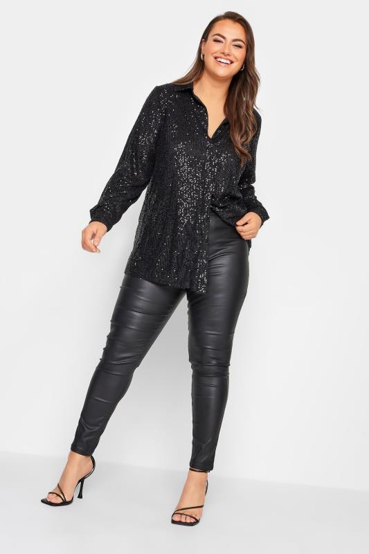 YOURS LONDON Plus Size Black Sequin Embellished Shirt | Yours Clothing 3