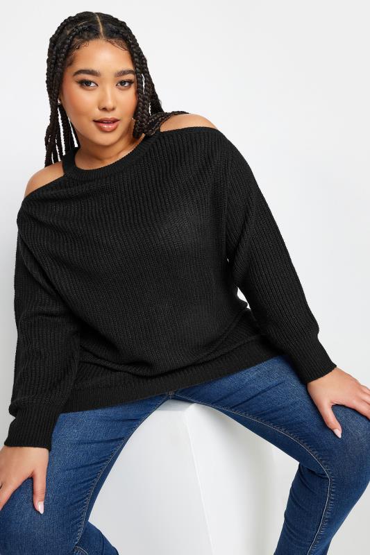 YOURS Plus Size Black Cold Shoulder Knitted Jumper | Yours Clothing 1