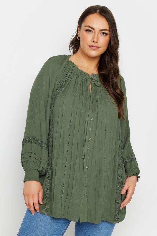 YOURS Plus Size Khaki Green Crinkle Tie Neck Blouse | Yours Clothing 4