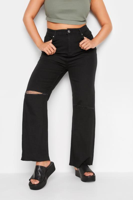 Plus Size  YOURS Curve Black Ripped Wide Leg Stretch Jeans