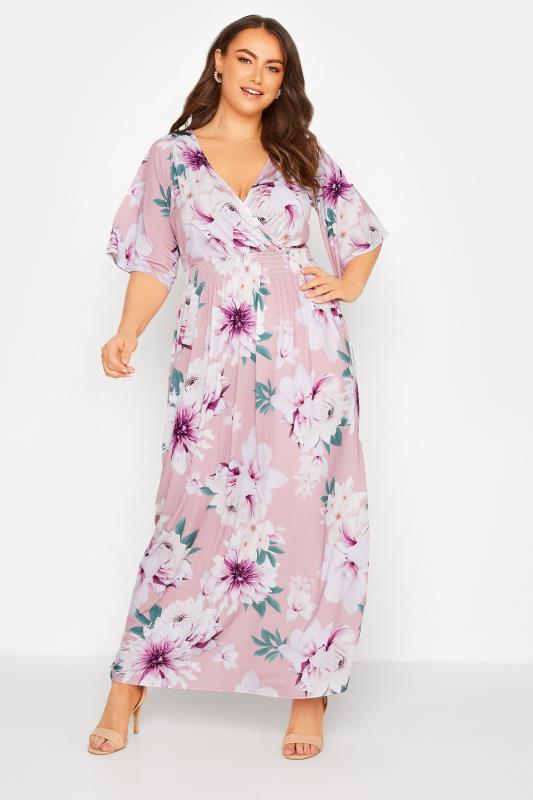 Großen Größen  YOURS LONDON Curve Pink Floral Shirred Waist Maxi Dress
