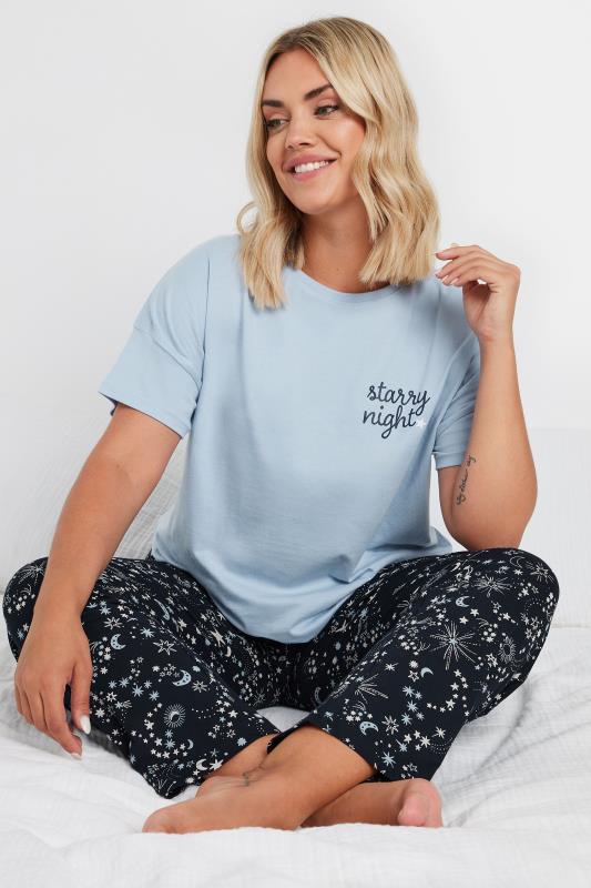 YOURS Plus Size Blue Starry Night Star Print Wide Leg Pyjama Set Yours Clothing