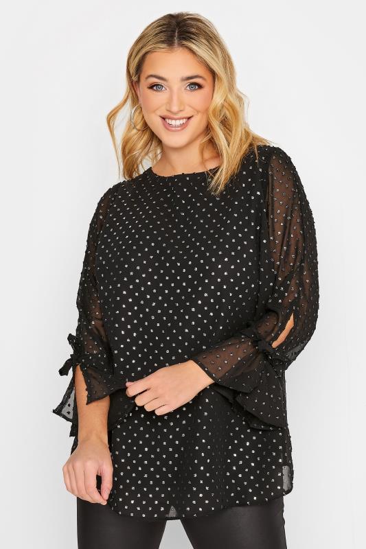 YOURS Plus Size Curve Black & Silver Polka Dot Bell Sleeve Blouse | Yours Clothing  1