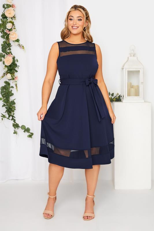 YOURS LONDON Navy Blue Mesh Panel Skater Dress | Yours Clothing 2