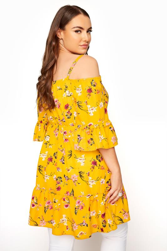 Yellow Floral Cold Shoulder Frill Top 