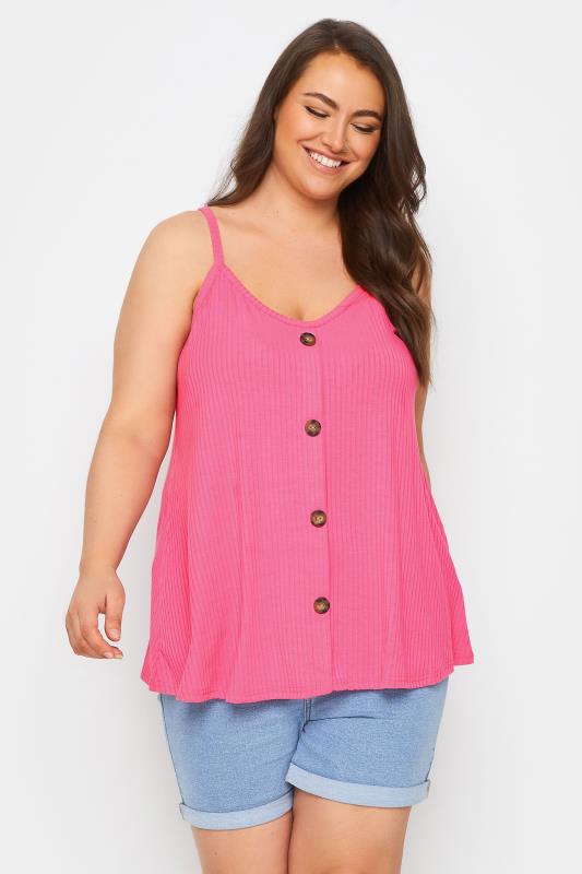 YOURS Plus Size Pink Ribbed Button Front Cami Top | Yours Clothing 1