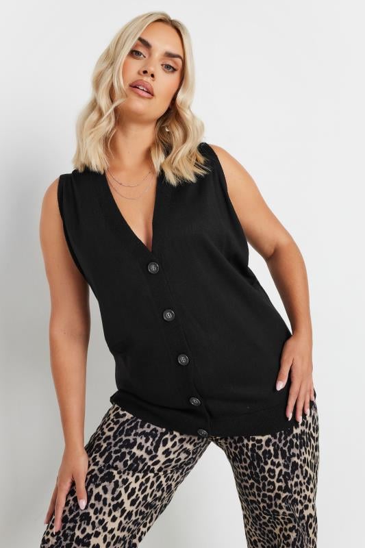 YOURS Plus Size Black Knitted Button Front Vest Top | Yours Clothing 3