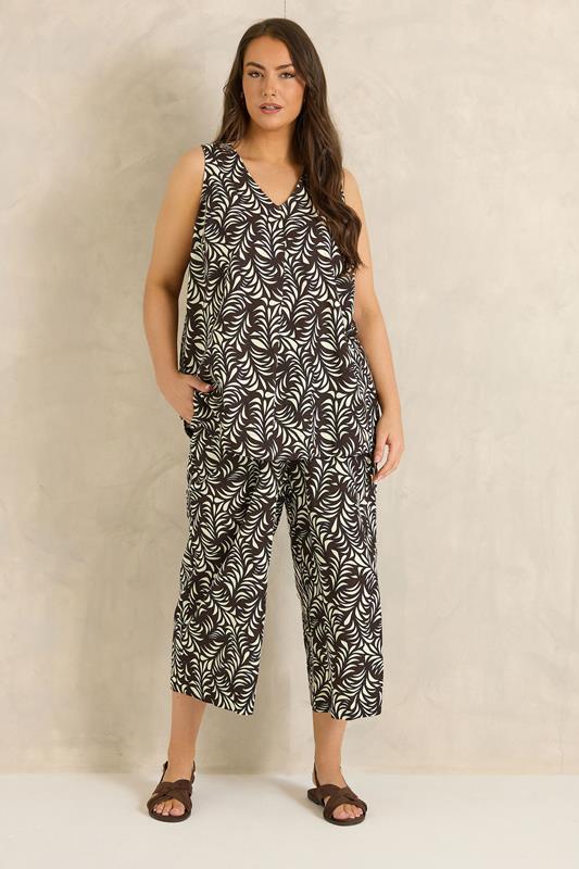 EVANS Plus Size Brown Leaf Print Linen Vest Top | Evans 5
