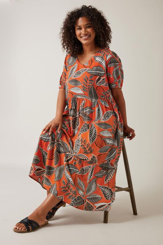 EVANS Plus Size Orange Leaf Print Linen Midi Dress | Evans 2