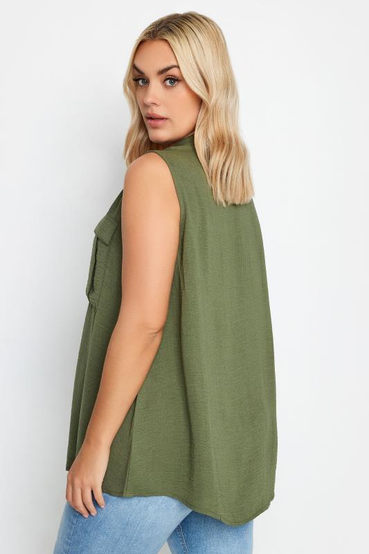 YOURS Plus Size Khaki Green Sleeveless Utility Shirt | Yours Clothing 3