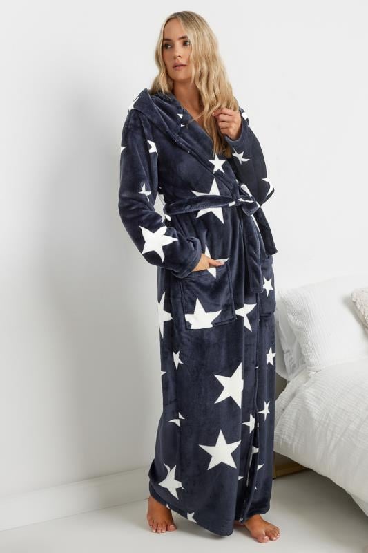 LTS Tall Navy Blue Star Print Hooded Dressing Gown | Long Tall Sally 2