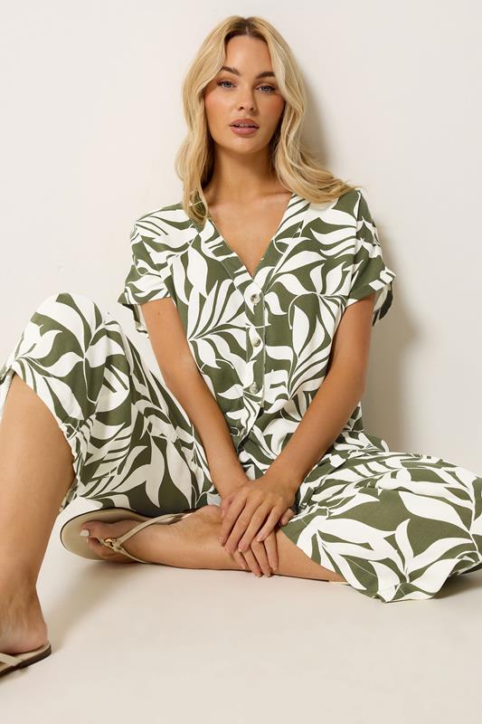 M&Co Khaki Green Leaf Print Blouse and Trousers Set | M&Co 1