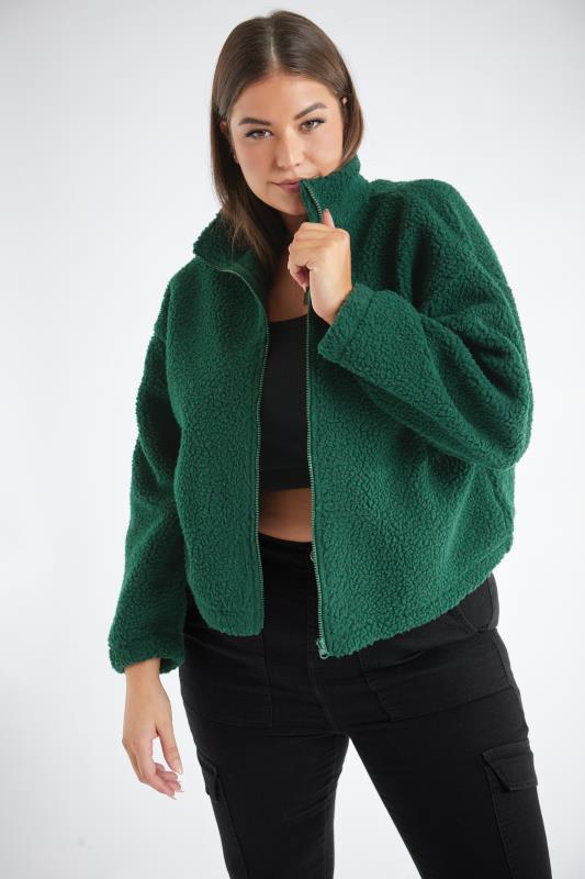 YOURS Plus Size Forest Green Cropped Zip Through Teddy Fleece | Yours Clothing 1