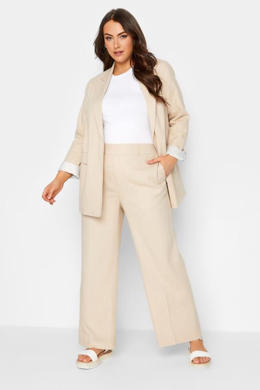 YOURS Plus Size Beige Brown Linen Blend Wide Leg Trousers | Yours Clothing  2