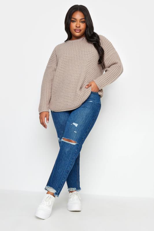 YOURS Plus Size Stone Brown Waffle Knit Jumper | Yours Clothing 4