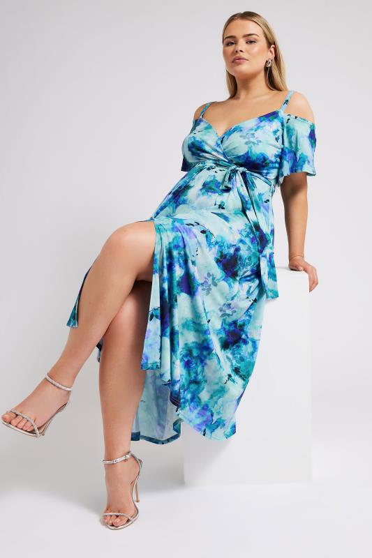 YOURS LONDON Plus Size Blue Floral Print Cold Shoulder Dress | Yours Clothing 1