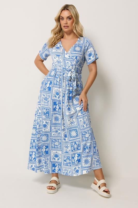  YOURS vestido azul multicolor con estampado de palmeras y escote cruzado