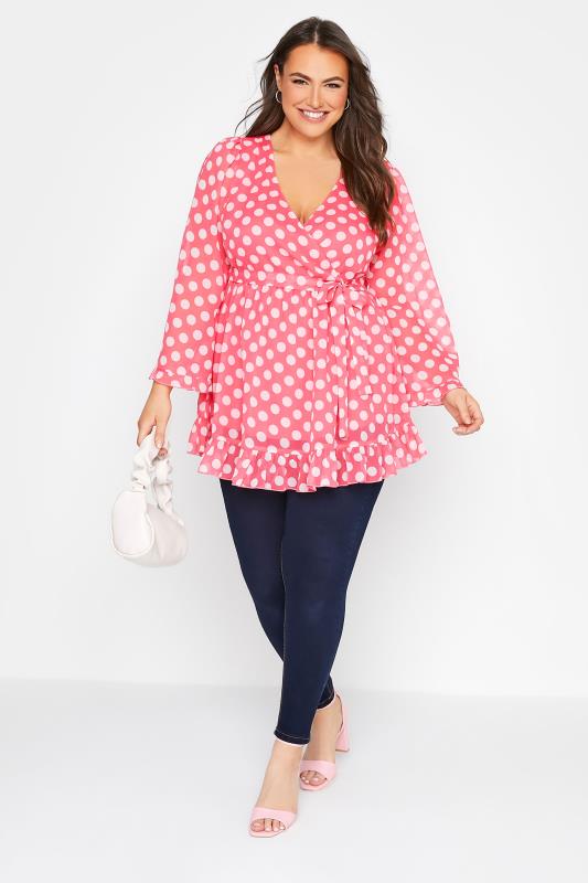 YOURS LONDON Plus Size Pink Polka Dot Ruffle Wrap Top | Yours Clothing 2