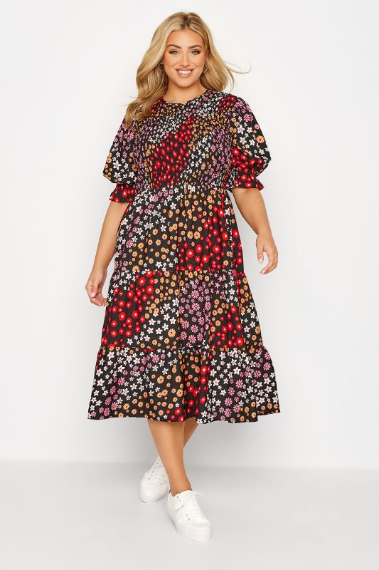 Plus Size Black Ditsy Print Puff Sleeve Smock Dress | Yours Clothing  2