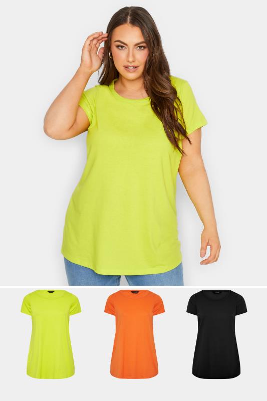 YOURS Curve Plus Size 3 PACK Lime Green & Orange Essential T-Shirts | Yours Clothing  1