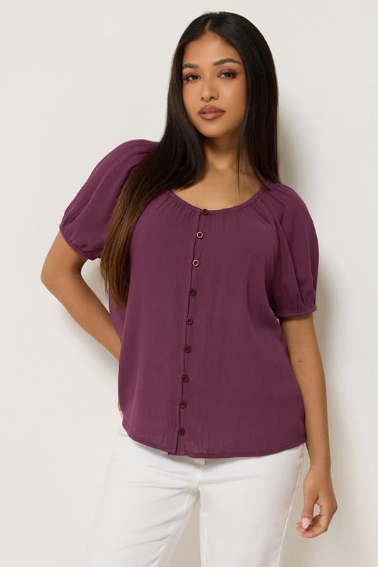  M&Co Petite Berry Purple Crinkle Short Sleeve Blouse