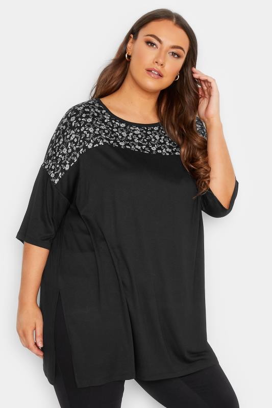 YOURS Plus Size Black Floral Print Panel Top | Yours Clothing 1