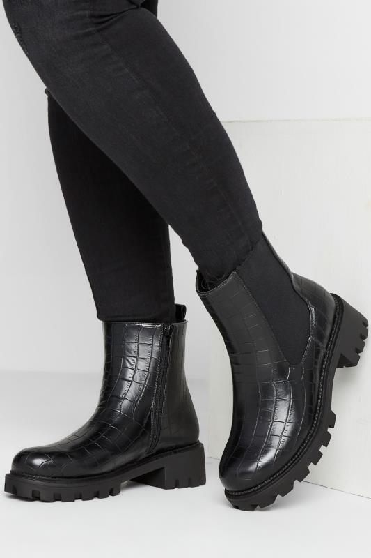 Plus Size  Black Croc Chunky Chelsea Boots In Wide E Fit & Extra Wide EEE Fit