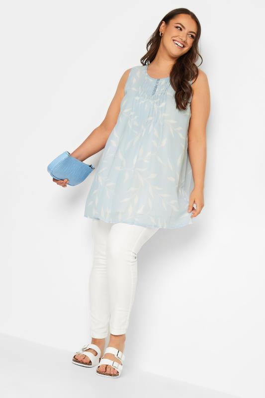 YOURS Curve Plus Size Light Blue Floral Leaf Print Pintuck Sleeveless Blouse | Yours Clothing 2