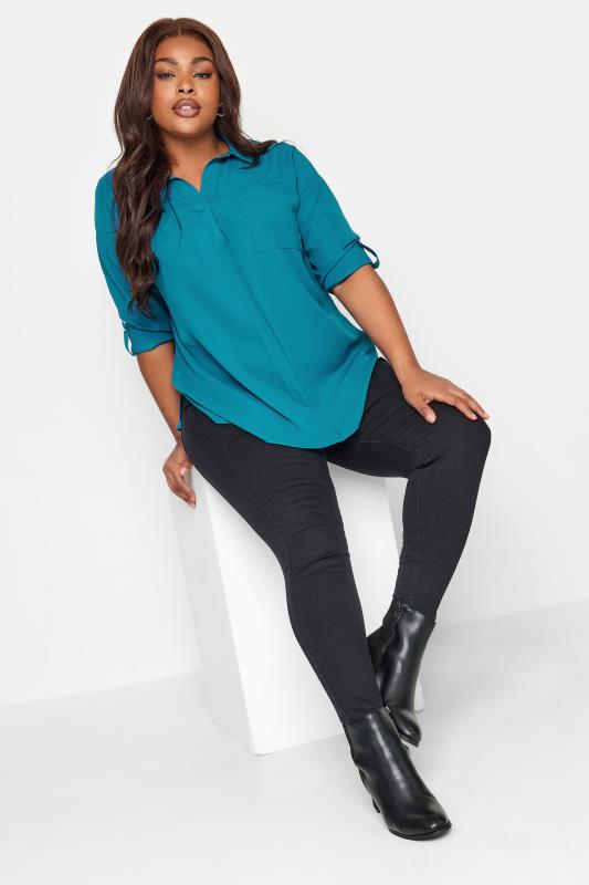 YOURS Plus Size Teal Blue Half Placket Collared Blouse | Yours Clothing 2