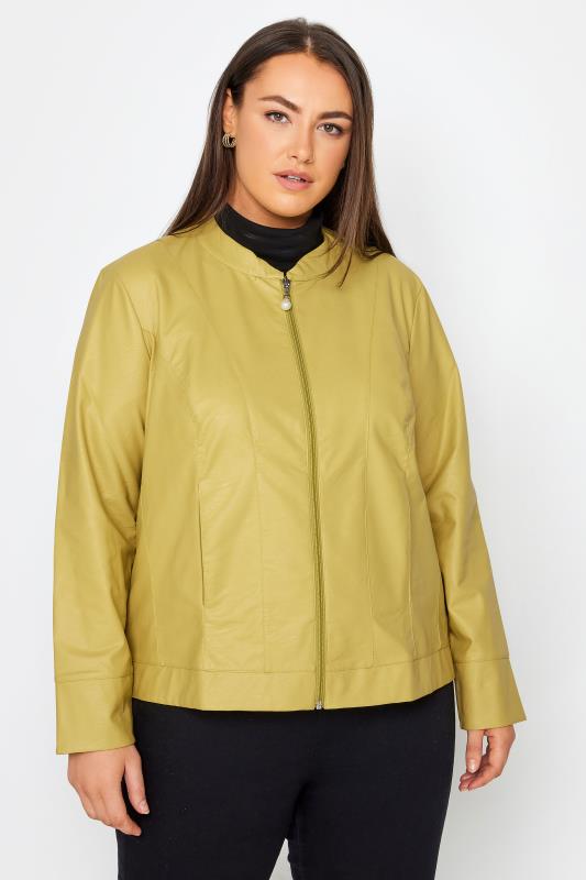 Plus Size  City Chic Mustard Yellow Faux Leather Collarless Jacket