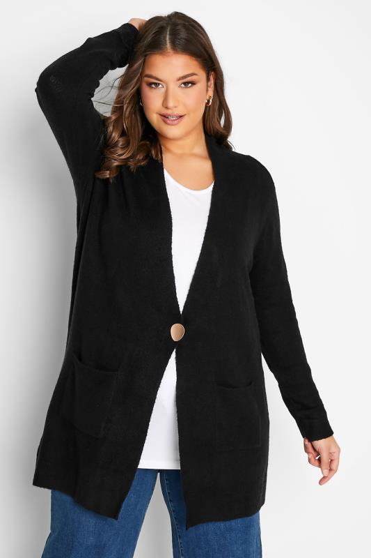 Curve Plus Size Womens Black Button Detail Knitted Cardigan | Yours Clothing  1