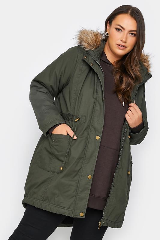 Plus Size Khaki Green Faux Fur Lined Hooded Parka | Yours Clothing 1
