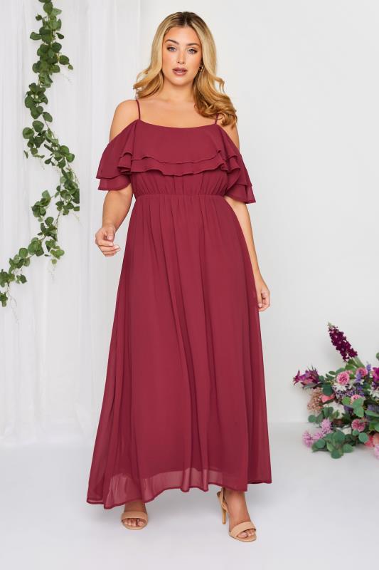 YOURS LONDON Plus Size Burgundy Red Bardot Ruffle Maxi Dress | Yours Clothing 2
