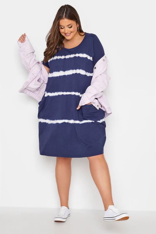 YOURS FOR GOOD Plus Size Navy Blue Tie Dye Drape Pocket Dress | Yours Clothing 1