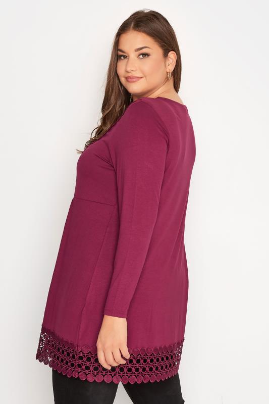 Plus Size Dark Pink Crochet Trim Long Sleeve Tunic Top | Yours Clothing 3