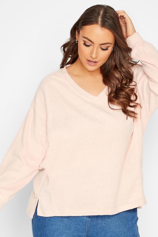 Plus Size  YOURS Curve Light Pink V-Neck Soft Touch Fleece Sweatshirt