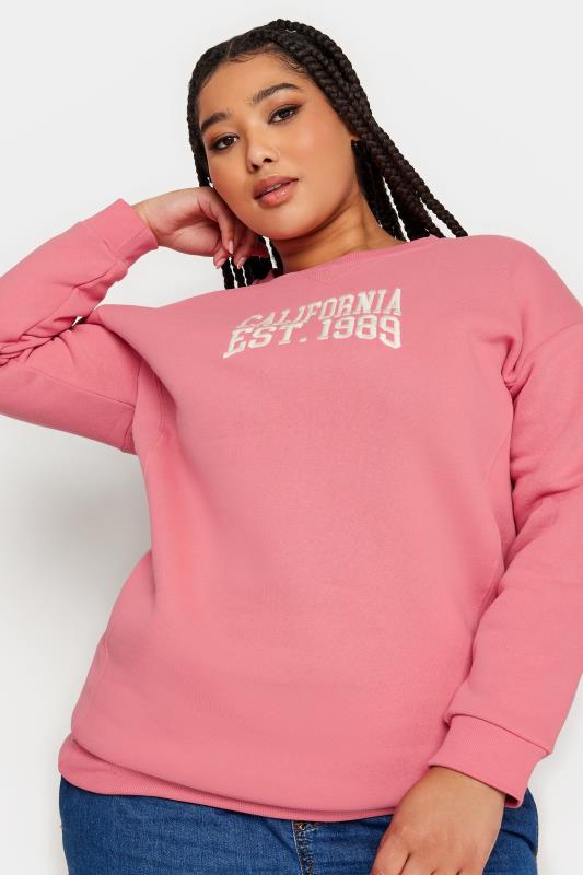 YOURS Plus Size Pink 'California' Embroidered Slogan Sweatshirt | Yours Clothing 1