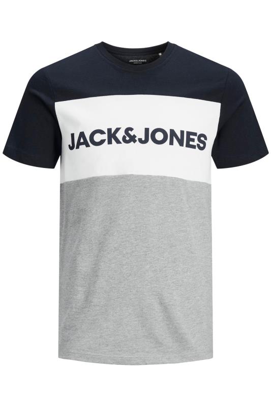 JACK & JONES Big & Tall Navy Blue & Grey Colour Block Logo T-Shirt 2