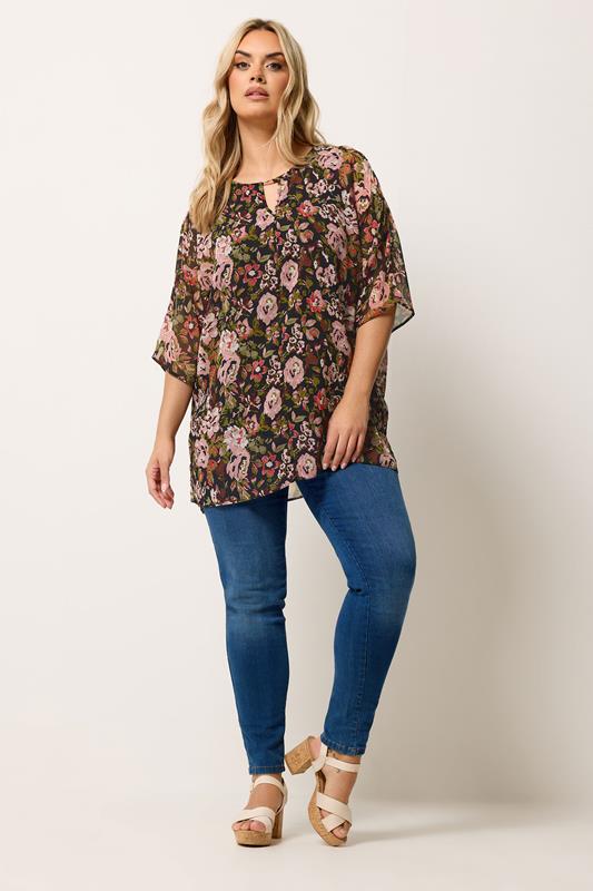 YOURS Plus Size Black Floral Print Keyhole Detail Top | Yours Clothing 1
