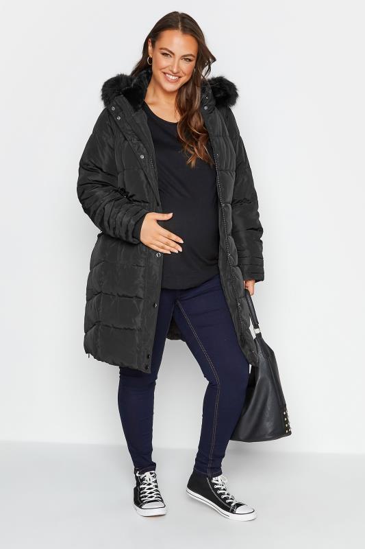 BUMP IT UP Maternity Plus Size Black Panelled Puffer Midi Coat | Yours Clothing 3