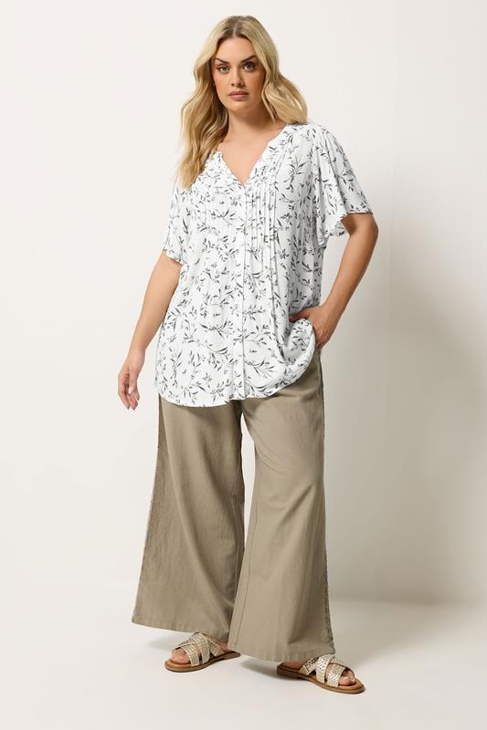 YOURS Plus Size White Leaf Print Pintuck Blouse | Yours Clothing 1