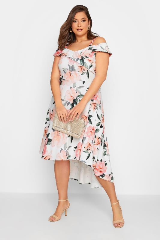 YOURS LONDON Plus Size White & Pink Floral Bardot Midi Dress | Yours Clothing 2