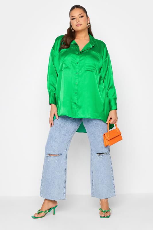 LIMITED COLLECTION Curve Jade Green Satin Shirt 2
