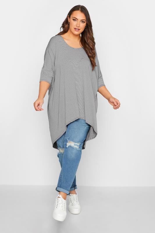 YOURS Plus Size Black & White Stripe Dipped Hem Tunic Top | Yours Clothing 2