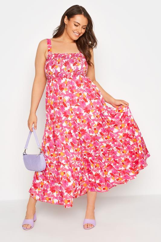 LIMITED COLLECTION Curve White & Pink Floral Print Tiered Maxi Sundress 2
